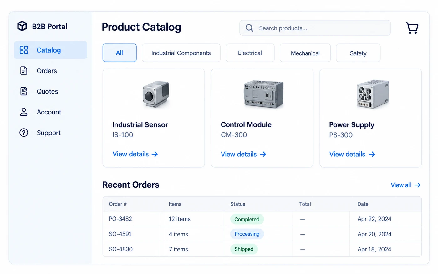 B2B commerce portal connecting a product catalog, purchase orders and fulfilment